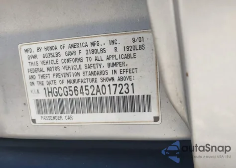 2002 Honda Accord 2.3 Lx from USA, damaged, VIN 1HGCG56452A017231